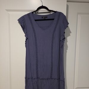 Frye Navy Crinkle V-Neck Midi Dress with Lace Panels